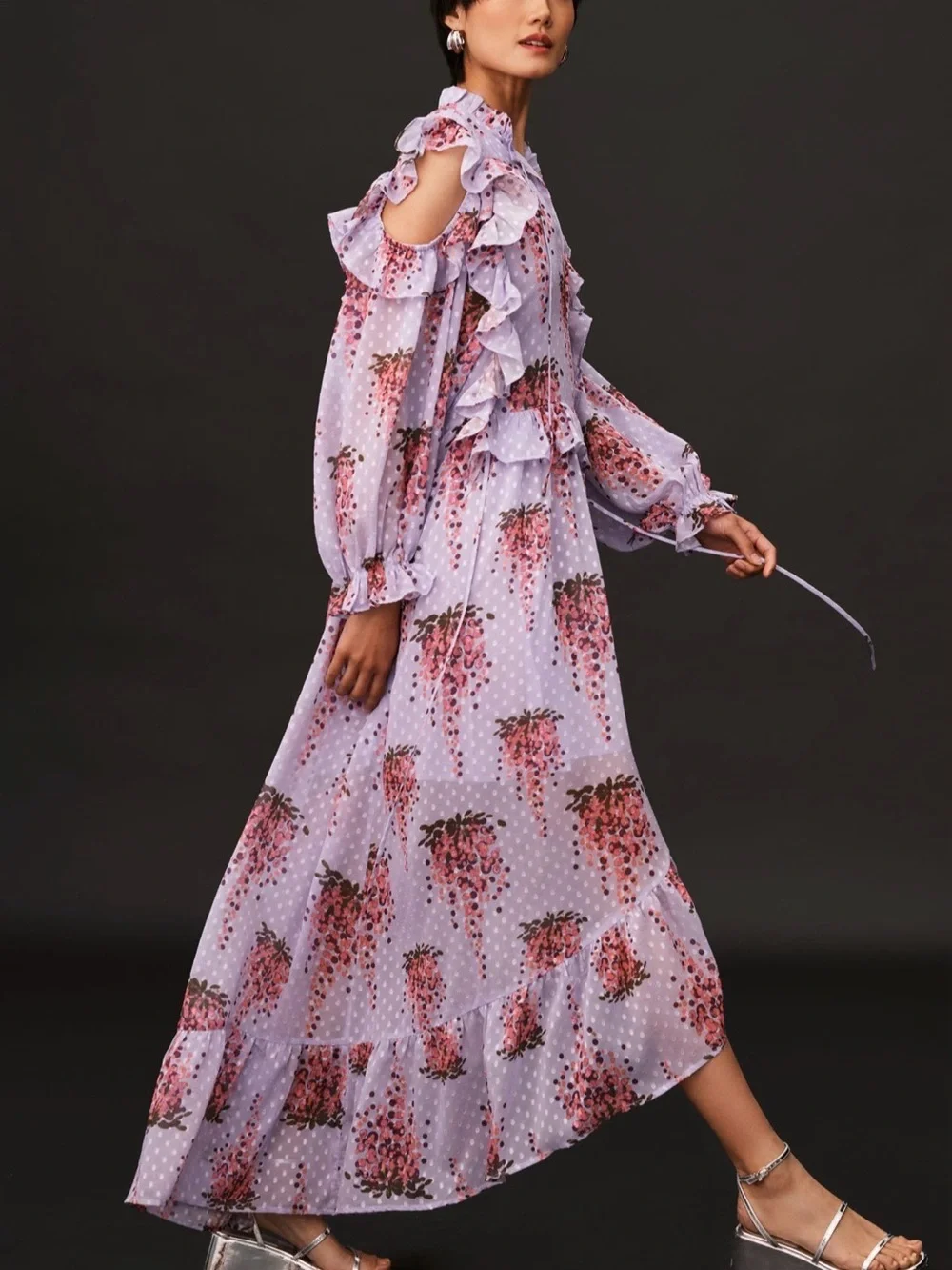 Lavender Floral Ruffle Cold-Shoulder Maxi Dress - Picture 1 of 4